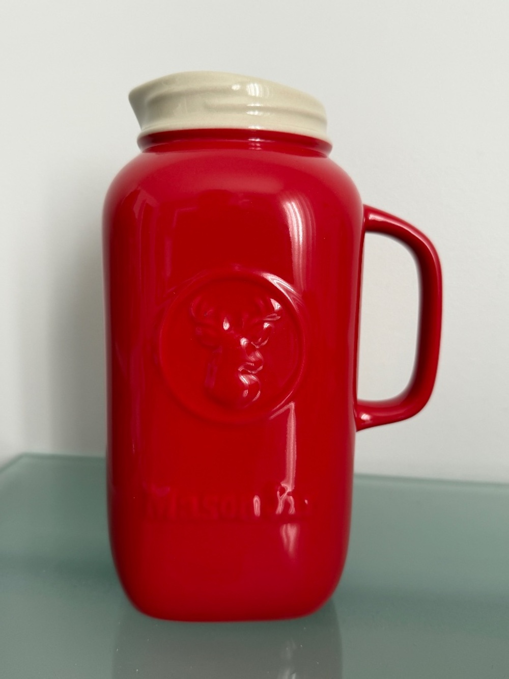 Red Ceramic Mason Jar Water Pitcher Jug with Embossed Deer | 60 oz